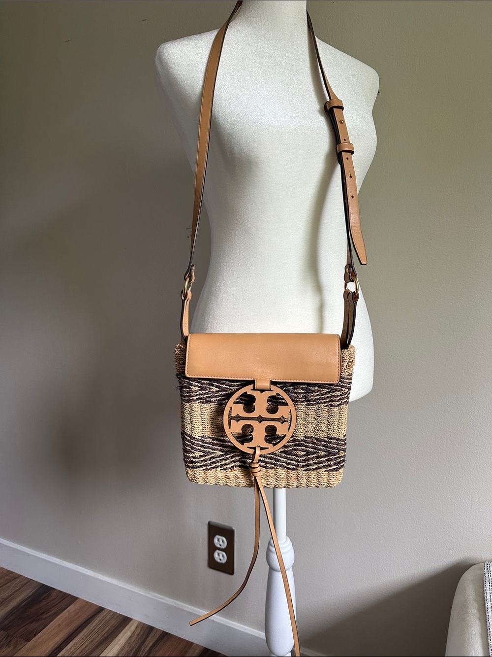 Tory Burch Tan and Brown Woven Logo Crossbody Bag